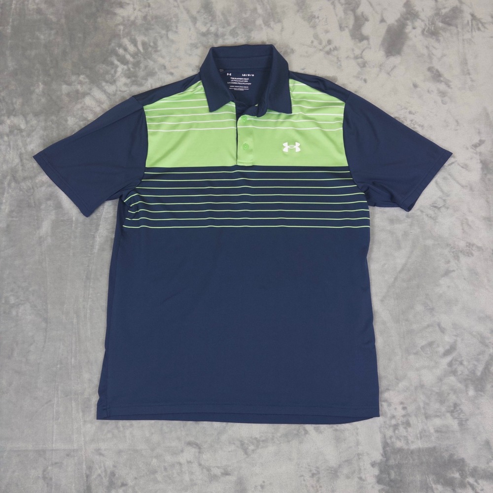 Under Armour Playoff Polo Mens Large Blue Green Striped Golf Performance Shirt
